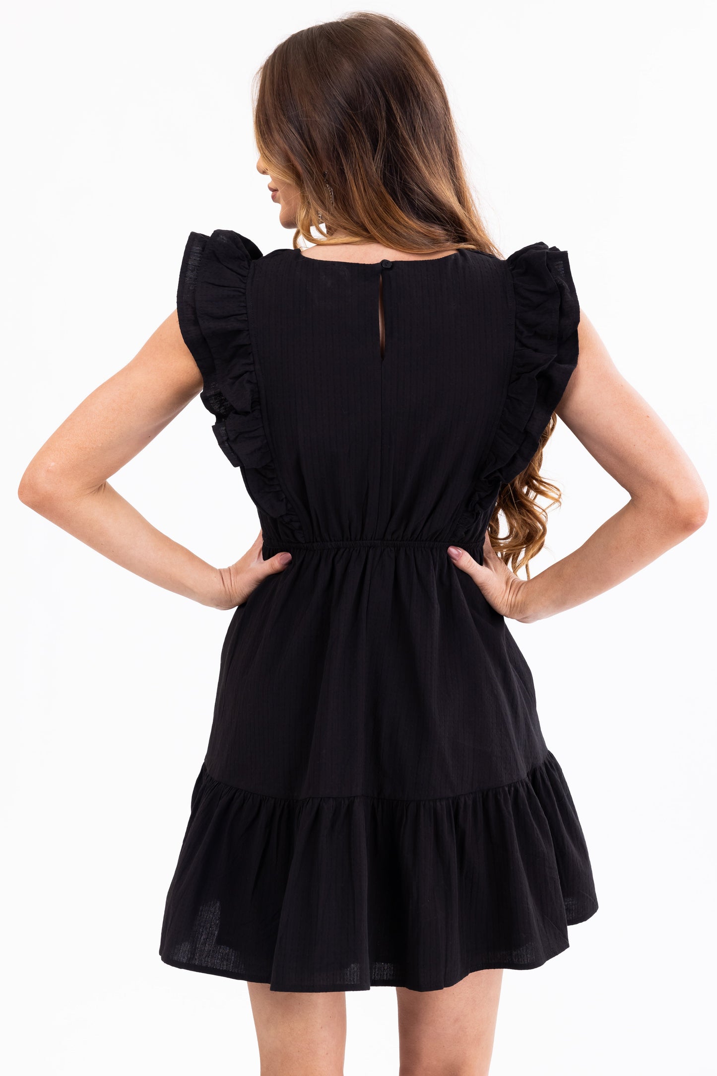 Women's Black V Neck Ruffle Sleeve Mini Dress