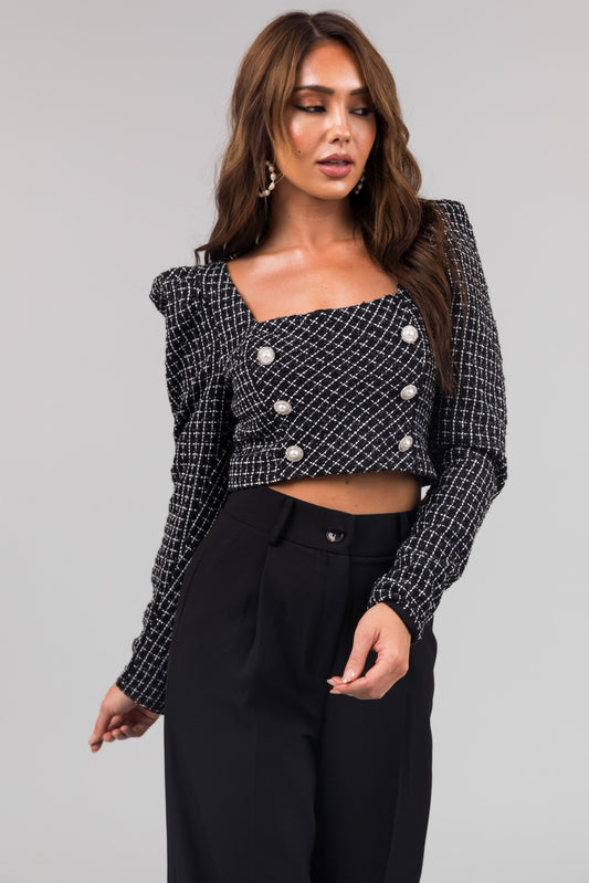Women's Black Tweed Square Neck Cropped Top