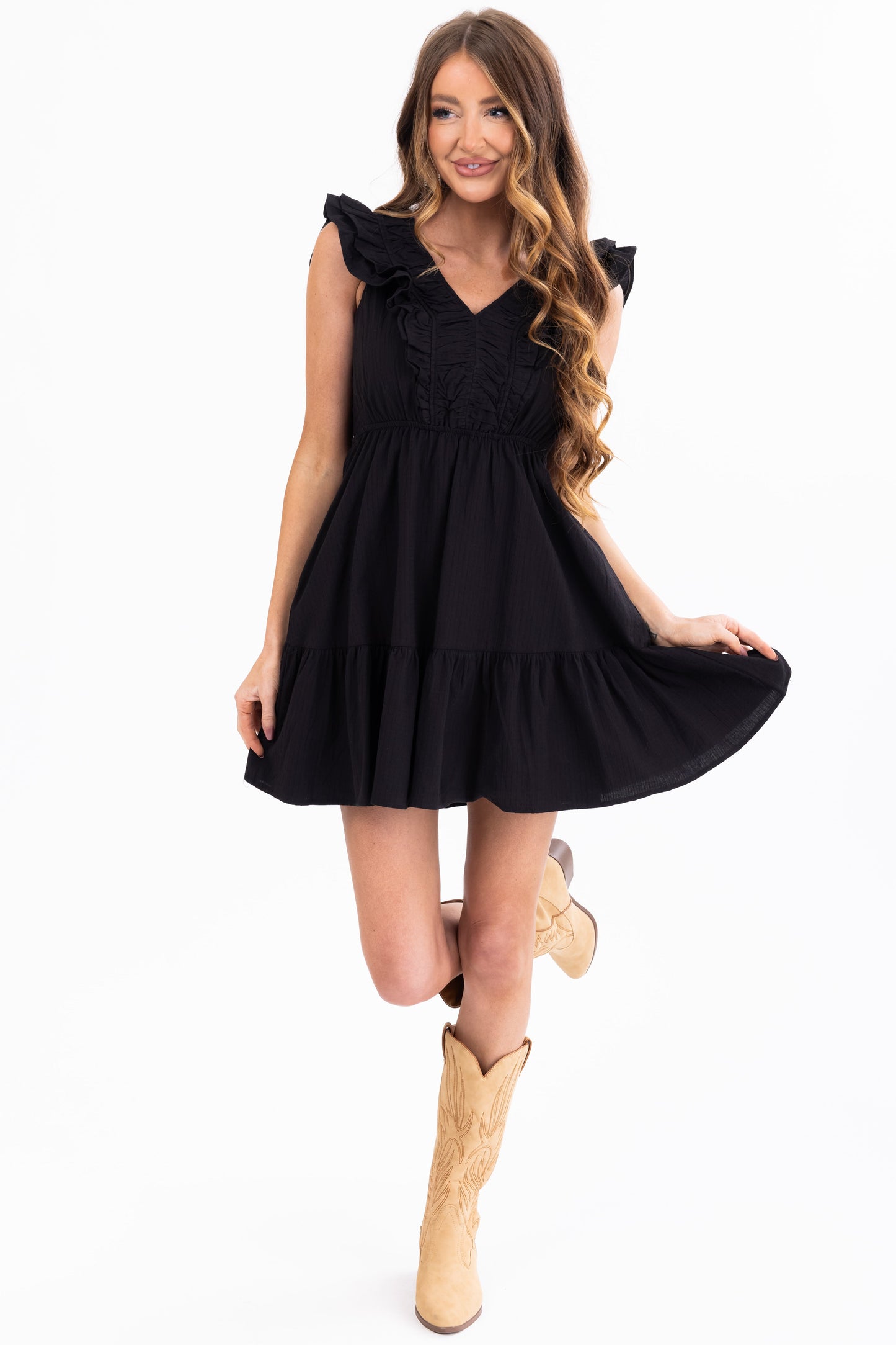 Women's Black V Neck Ruffle Sleeve Mini Dress