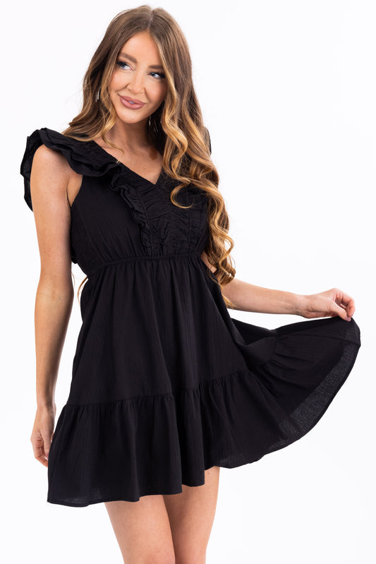 Women's Black V Neck Ruffle Sleeve Mini Dress