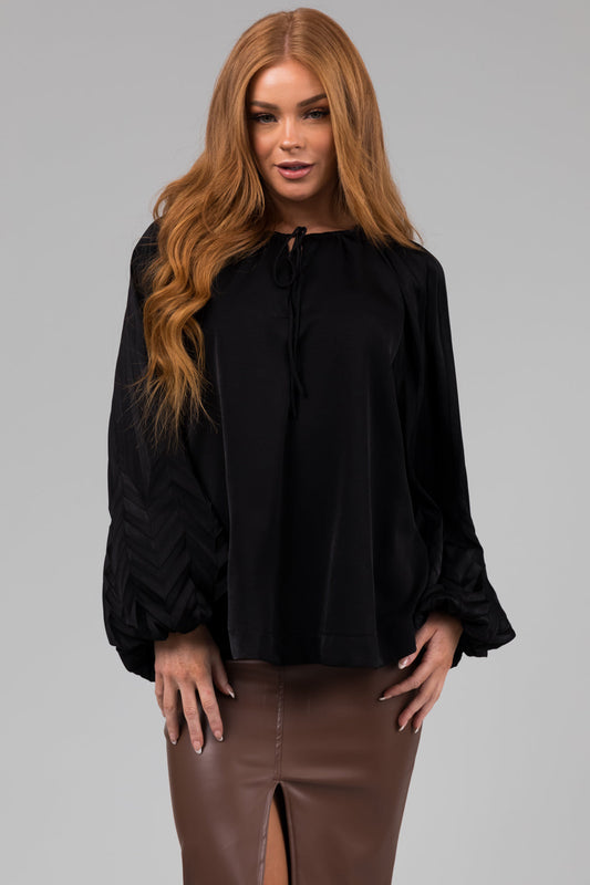 Black V Neck Pleated Detail Long Sleeve Top for Women