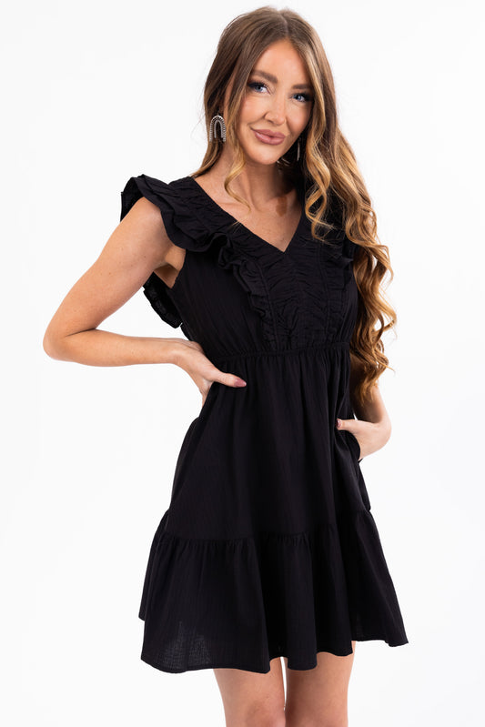 Women's Black V Neck Ruffle Sleeve Mini Dress