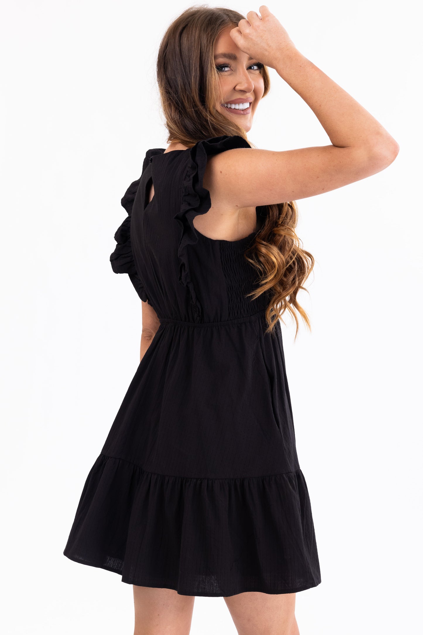 Women's Black V Neck Ruffle Sleeve Mini Dress